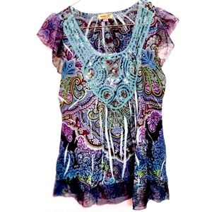 🌞 One World vintage boho turquoise bling cap sleeves square neck blouse SP